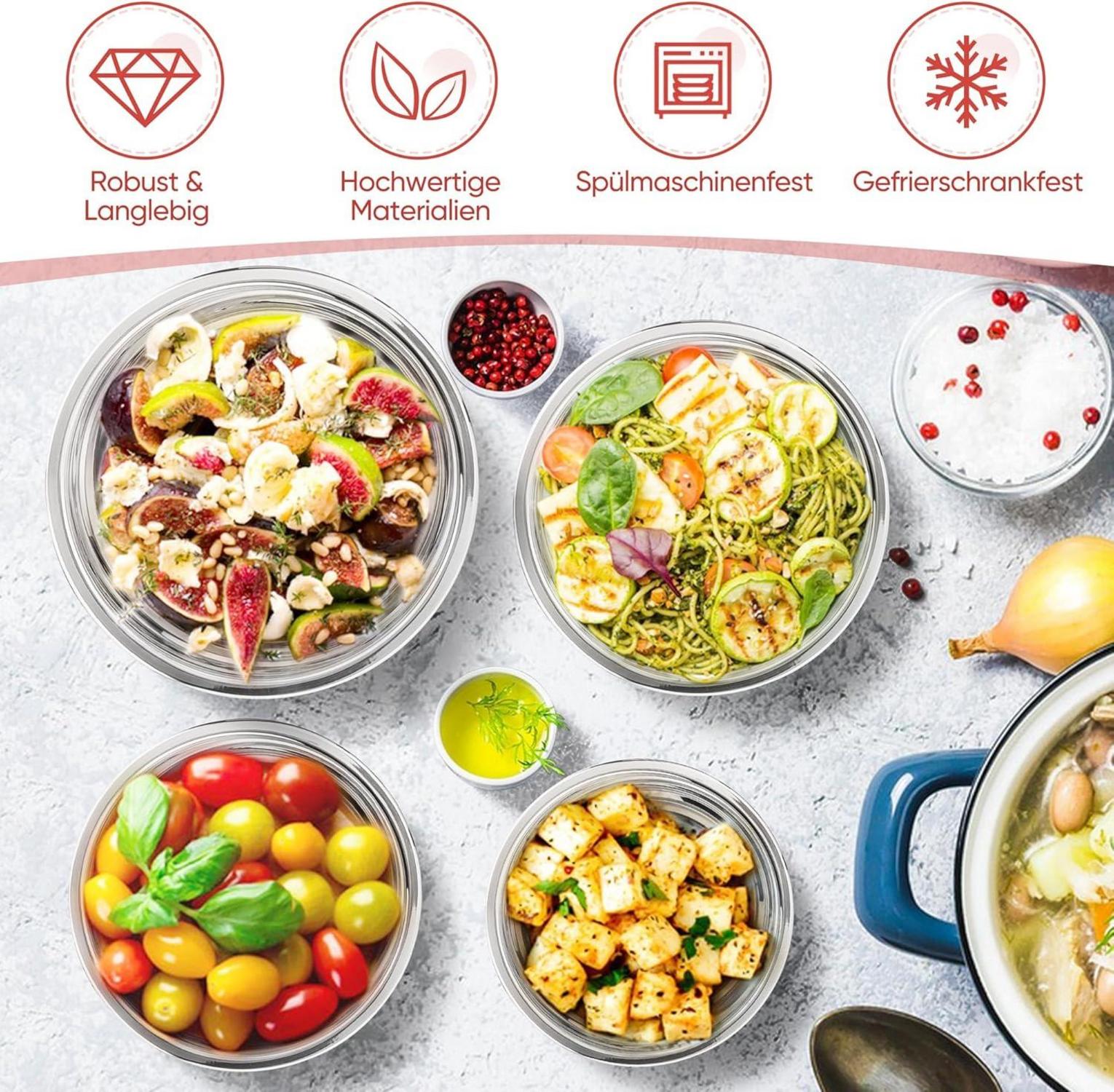 HaWare Rührschüssel Set Edelstahl Salatschüssel mit Deckel Silikonboden - Rot