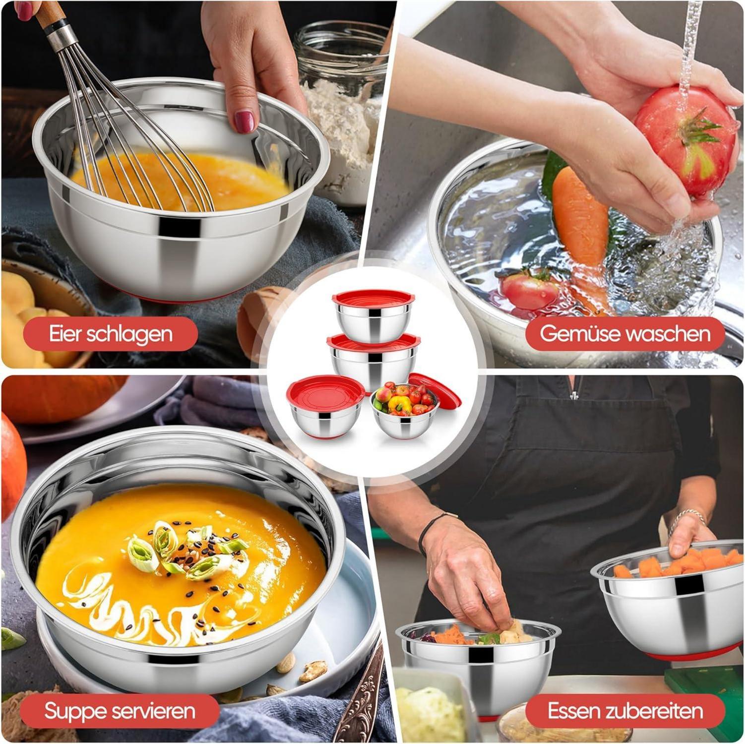 HaWare Rührschüssel Set Edelstahl Salatschüssel mit Deckel Silikonboden - Rot