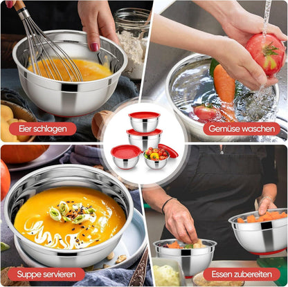 HaWare Rührschüssel Set Edelstahl Salatschüssel mit Deckel Silikonboden - Rot