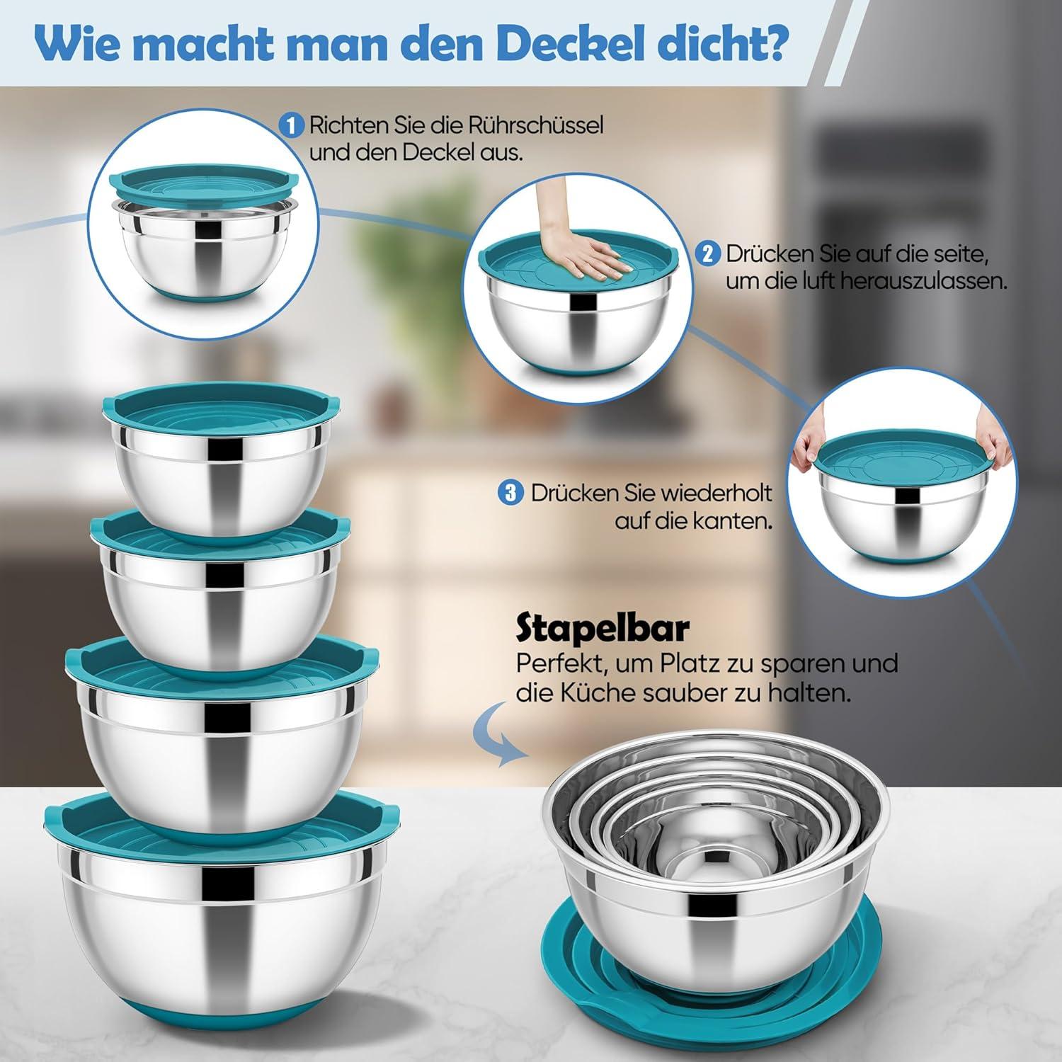 Edelstahl Rührschüssel Set mit Luftdichtem Deckel Blau 4er