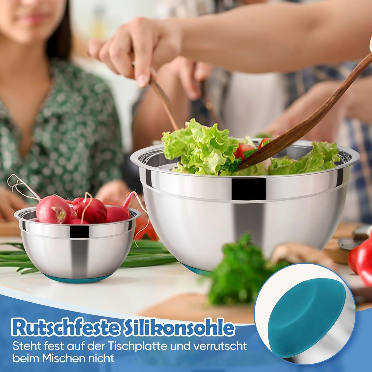 Rührschüssel Set Edelstahl Salatschüssel mit Deckel Silikonboden