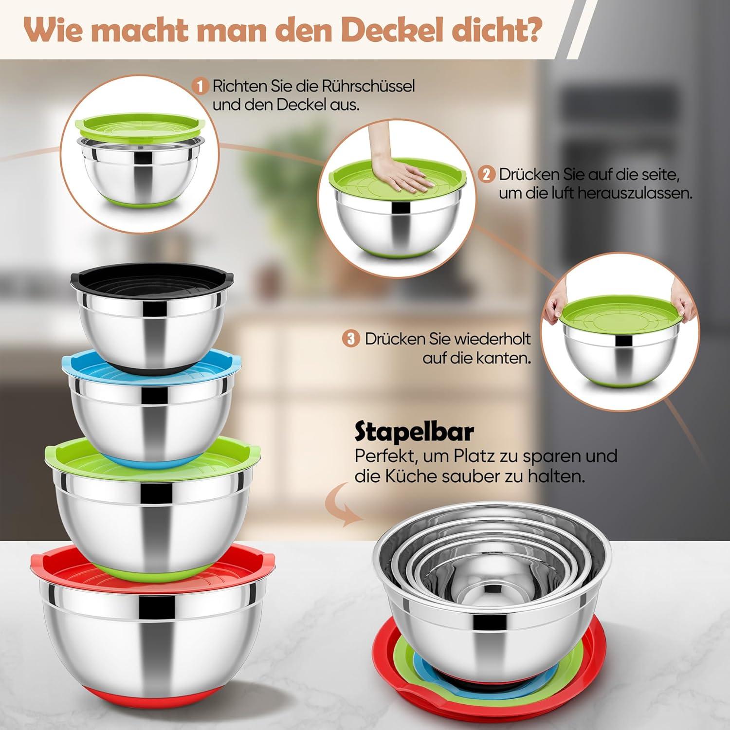 HaWare 4er Set Schüssel Edelstahl Luftdichtem Deckel Silikonboden