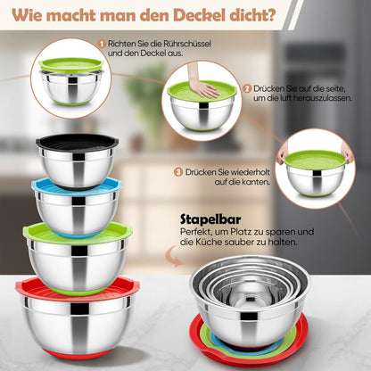 HaWare 4er Set Schüssel Edelstahl Luftdichtem Deckel Silikonboden