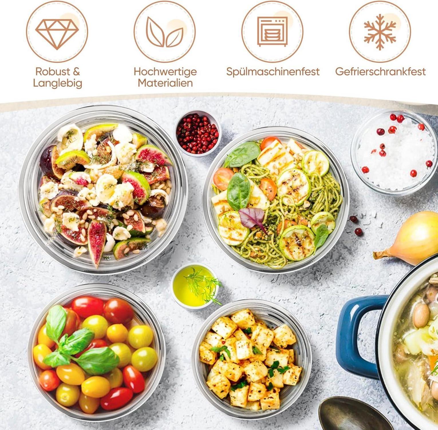 HaWare Rührschüssel Set Edelstahl Salatschüssel Deckel 4er 6L 2,8L 1,5L 0,7L