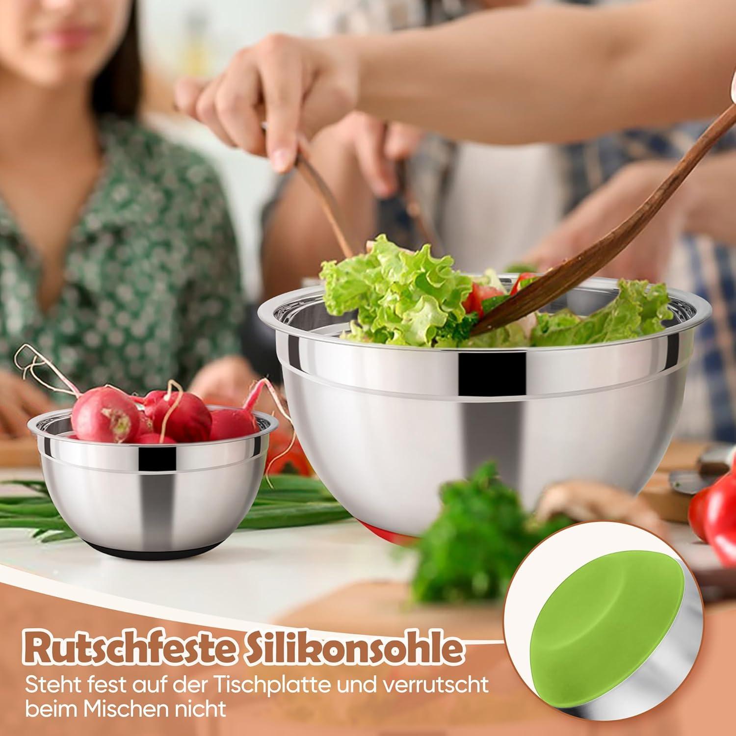 Rührschüssel Edelstahl Salatschüssel mit Deckel Silikonboden 4er Set