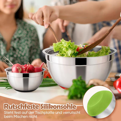 Rührschüssel Edelstahl Salatschüssel mit Deckel Silikonboden 4er Set