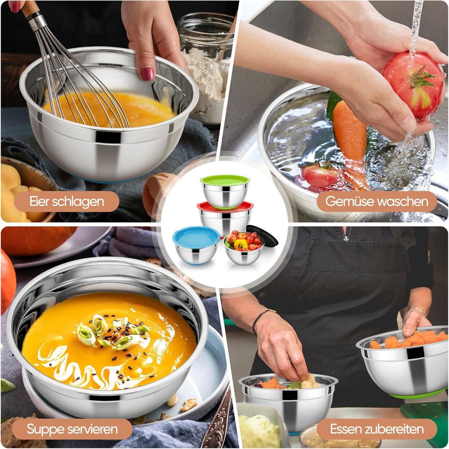 HaWare Rührschüssel Set Edelstahl Salatschüssel Deckel 4er 6L 2,8L 1,5L 0,7L