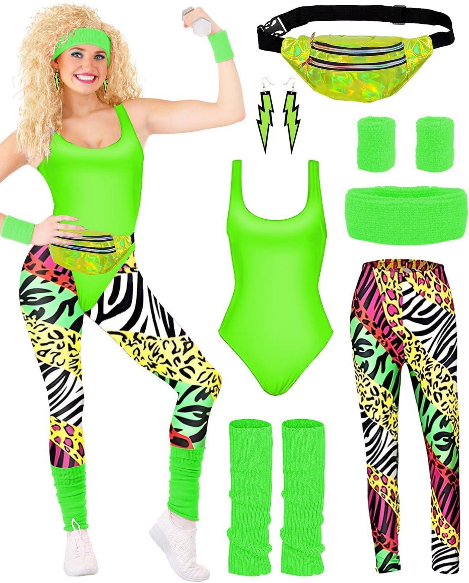 BIQIQI 80er Outfit Damen Retro Trainingsanzug Set Accessoires