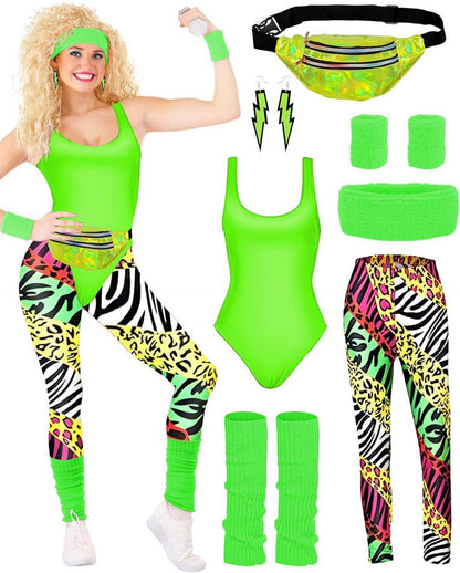 BIQIQI 80er Outfit Damen Retro Trainingsanzug Set Accessoires