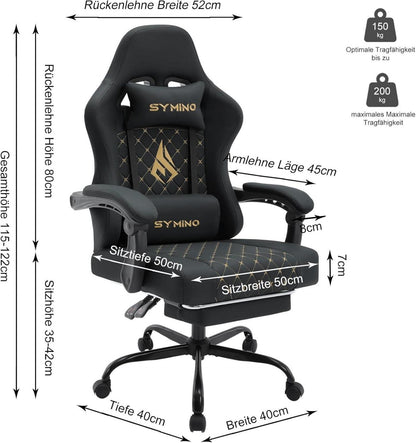 Ergonomischer Gaming Stuhl mit Fußstütze, Vintage PU Leder, Schwarz