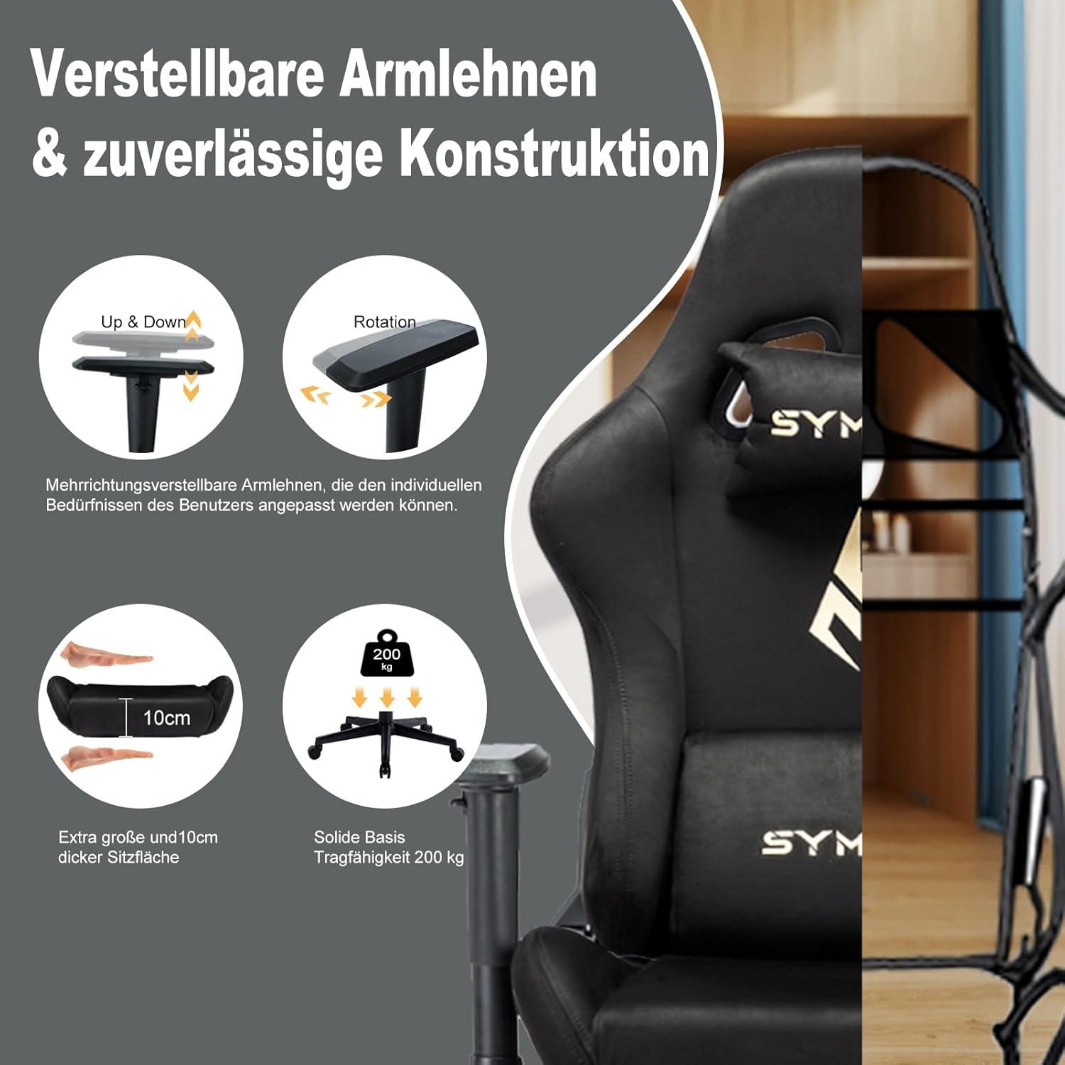 Gaming Stuhl schwarz Hochwertiger-Stoff, Ergonomischer PC Stuhl mit
