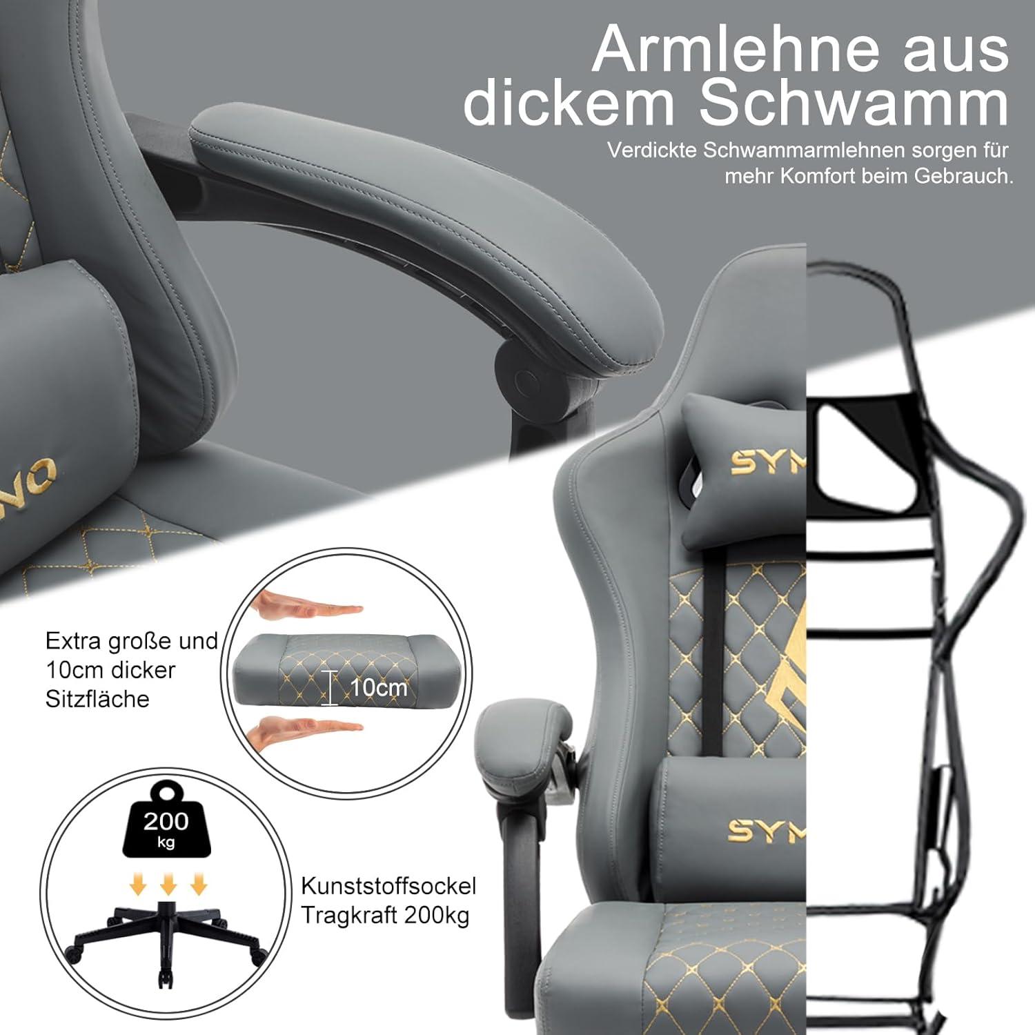 Gaming Stuhl Racer mit Fußstütze Leder Grau 200KG