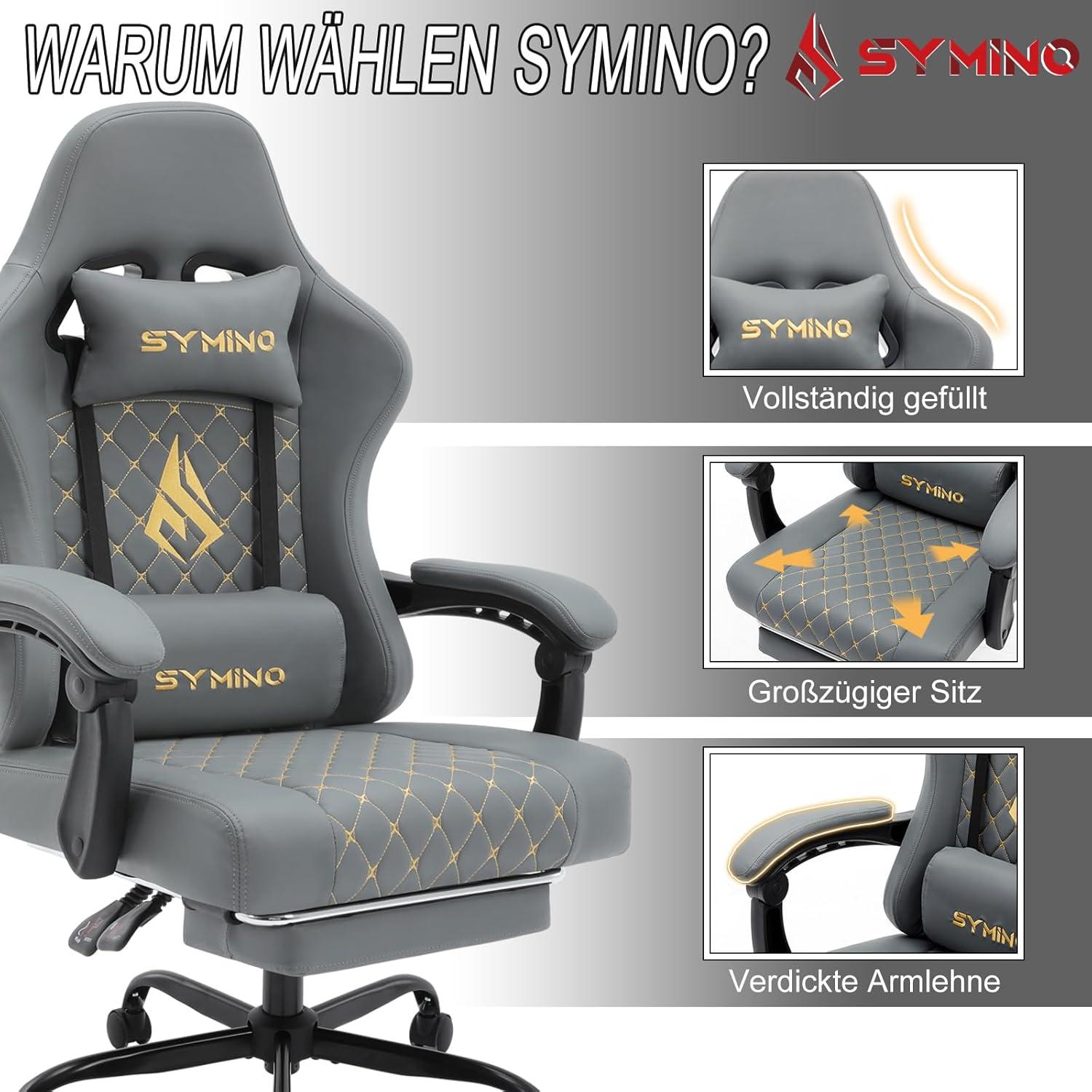 Symino Gaming Stuhl Racing Gamer Stuhl Lendenwirbelstütze Fußstütze 200KG Grau