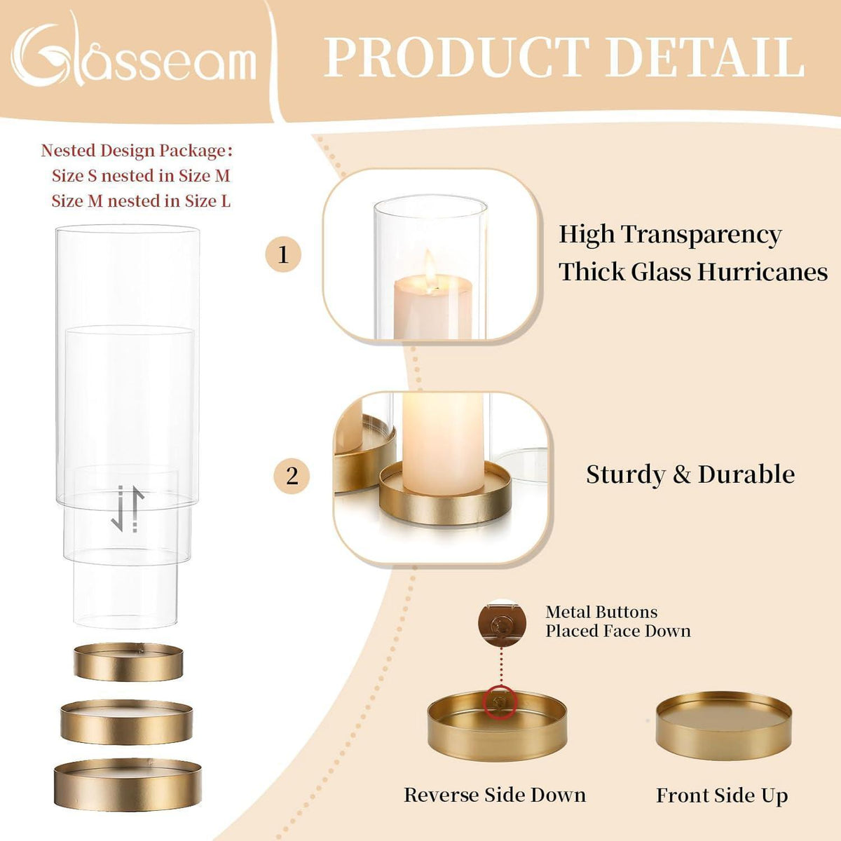 Windlicht Glas 3er Set Groß Gold Kerzenständer mit Zylinder