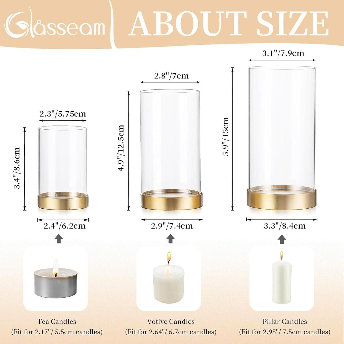 Windlicht Glas 3er Set Groß Gold Kerzenständer mit Zylinder