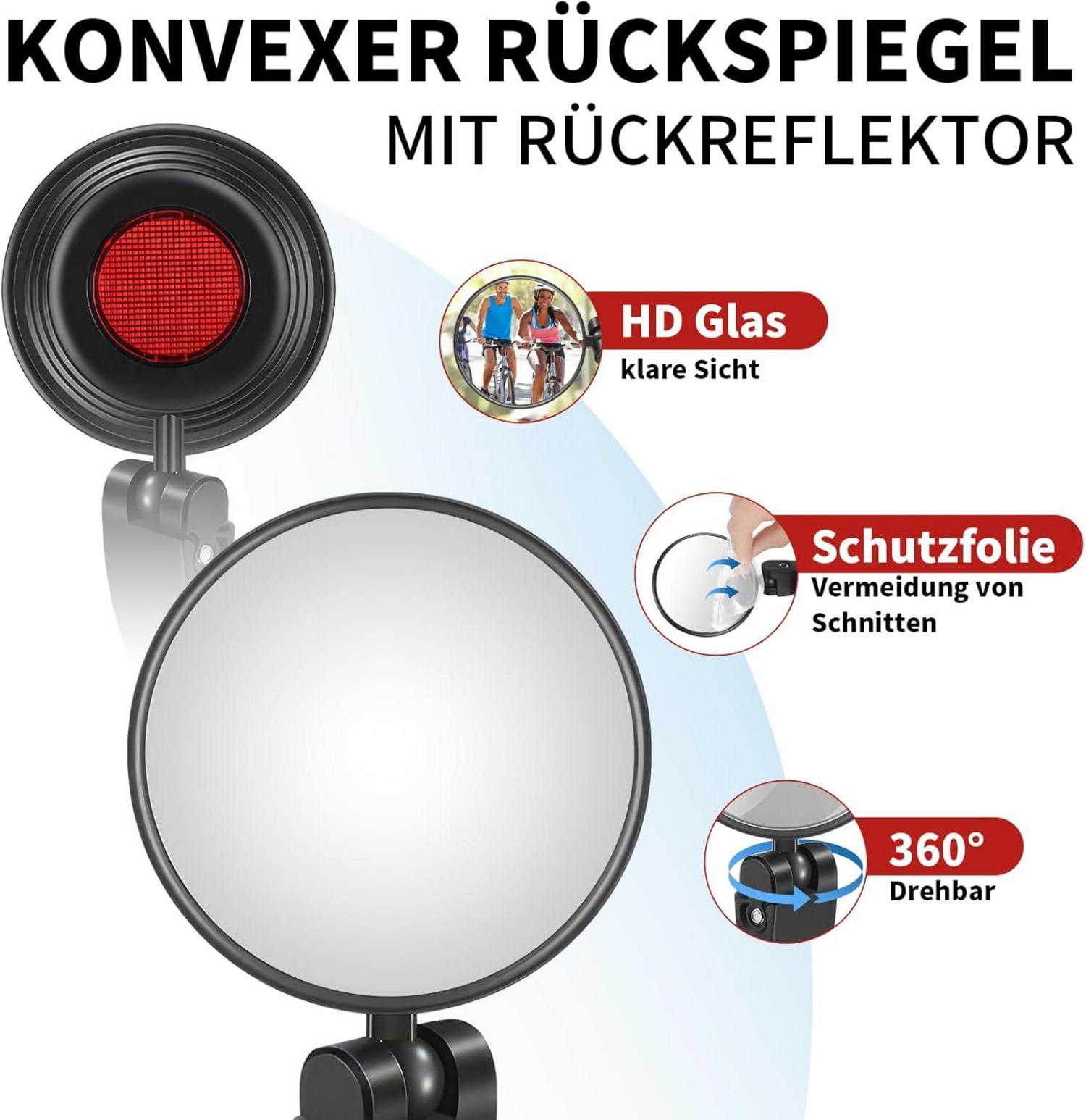 Fahrradspiegel mit Rückreflektor und klappbarem Konvex-Spiegel