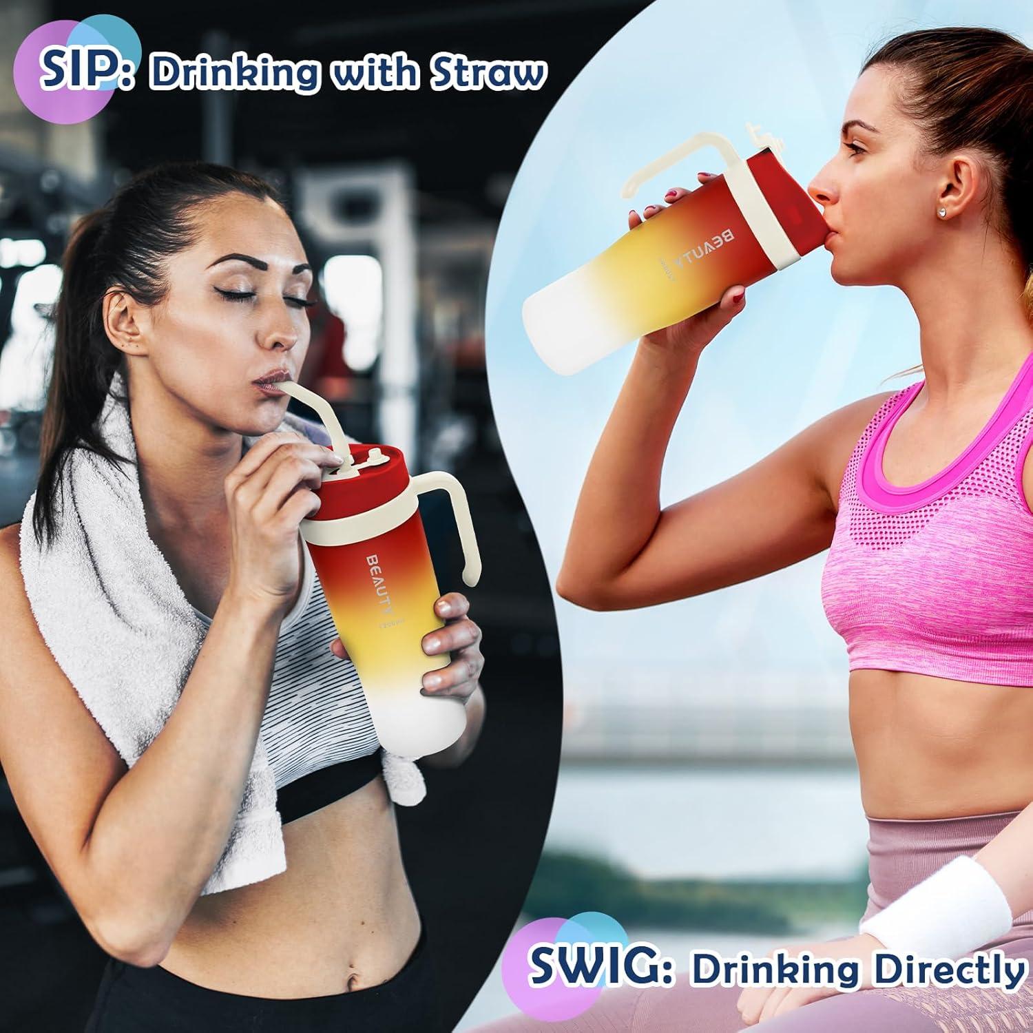 KETIEE Trinkflasche 1.2L Sport Wasserflasche Strohhalm Griff BPA-frei Rot