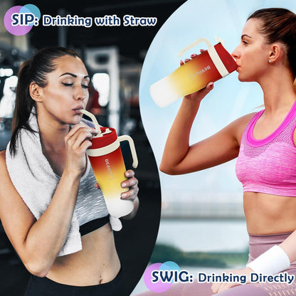 KETIEE Trinkflasche 1.2L Sport Wasserflasche Strohhalm Griff BPA-frei Rot