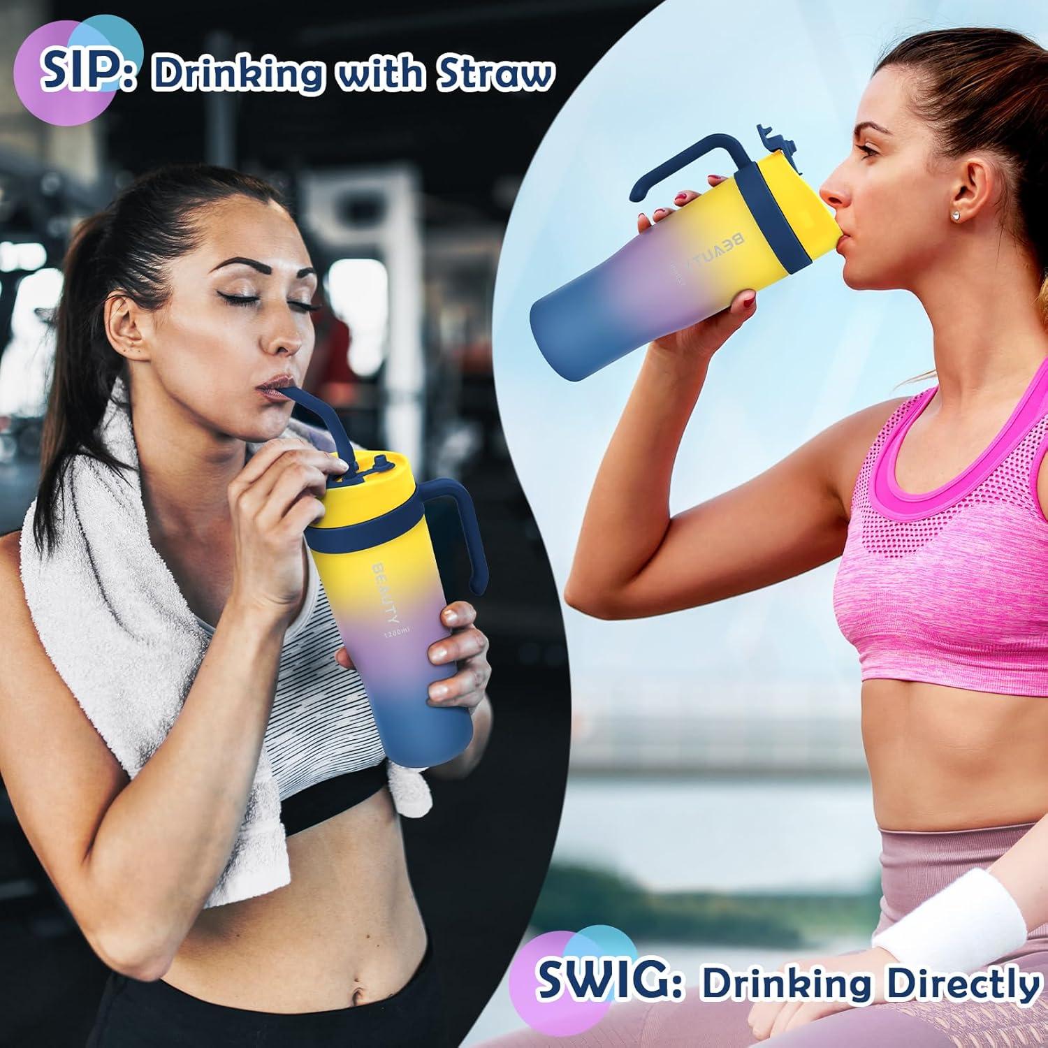 KETIEE Trinkflasche 1.2L Sport Strohhalm Griff BPA-frei Gelb