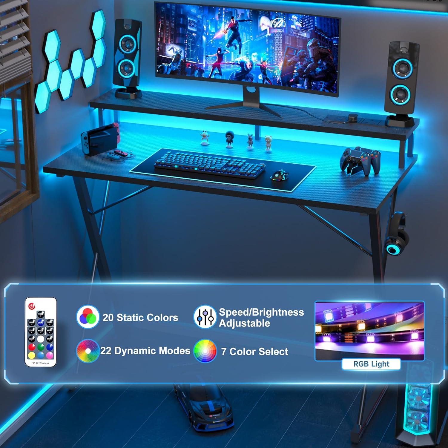 Gaming Schreibtisch LED 120x50 cm Gamer Tisch Monitorständer X Rahmen