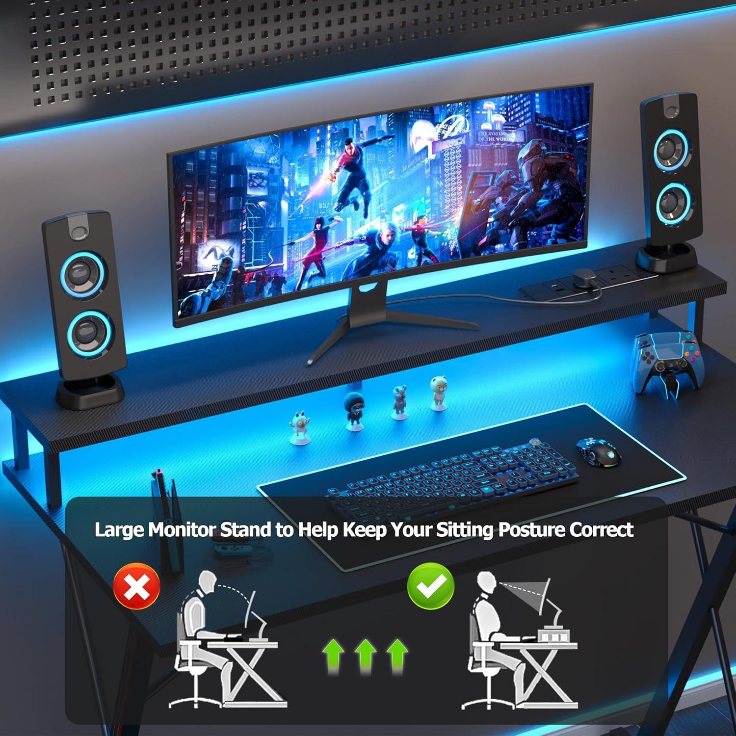 Gaming Schreibtisch LED 120x50 cm Steckdosenleiste Monitorständer X