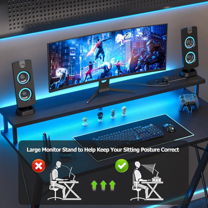 Gaming Schreibtisch LED 120x50 cm Steckdosenleiste Monitorständer X
