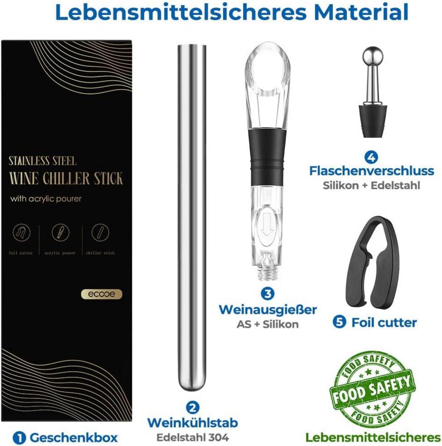 Weinkühlstab Set 5-in-1 mit Ausgießer Edelstahl Stab Stopper