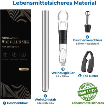Weinkühlstab Set 5-in-1 mit Ausgießer Edelstahl Stab Stopper