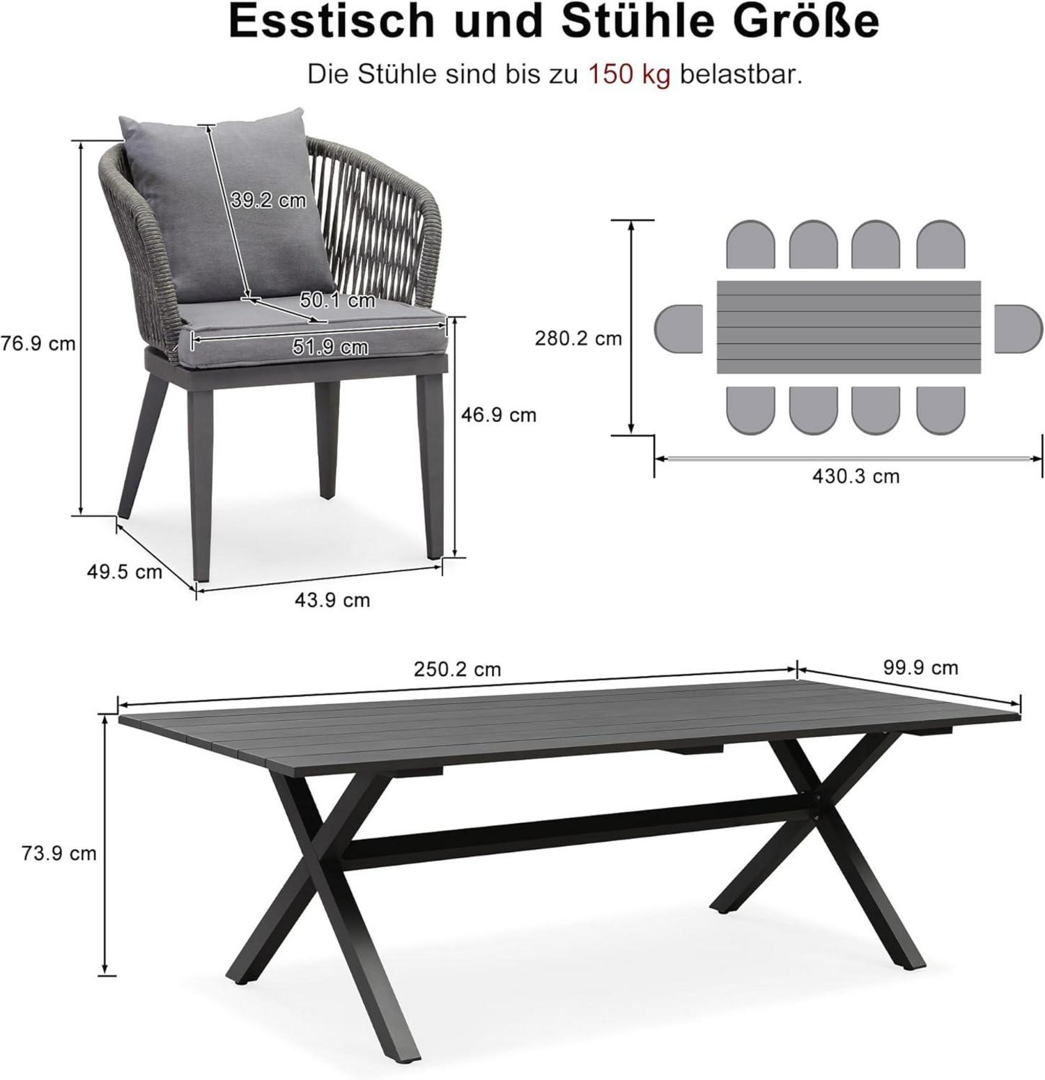 PURPLE LEAF 11-TLG Gartenmöbel Set Outdoor Aluminium Rattan Grau