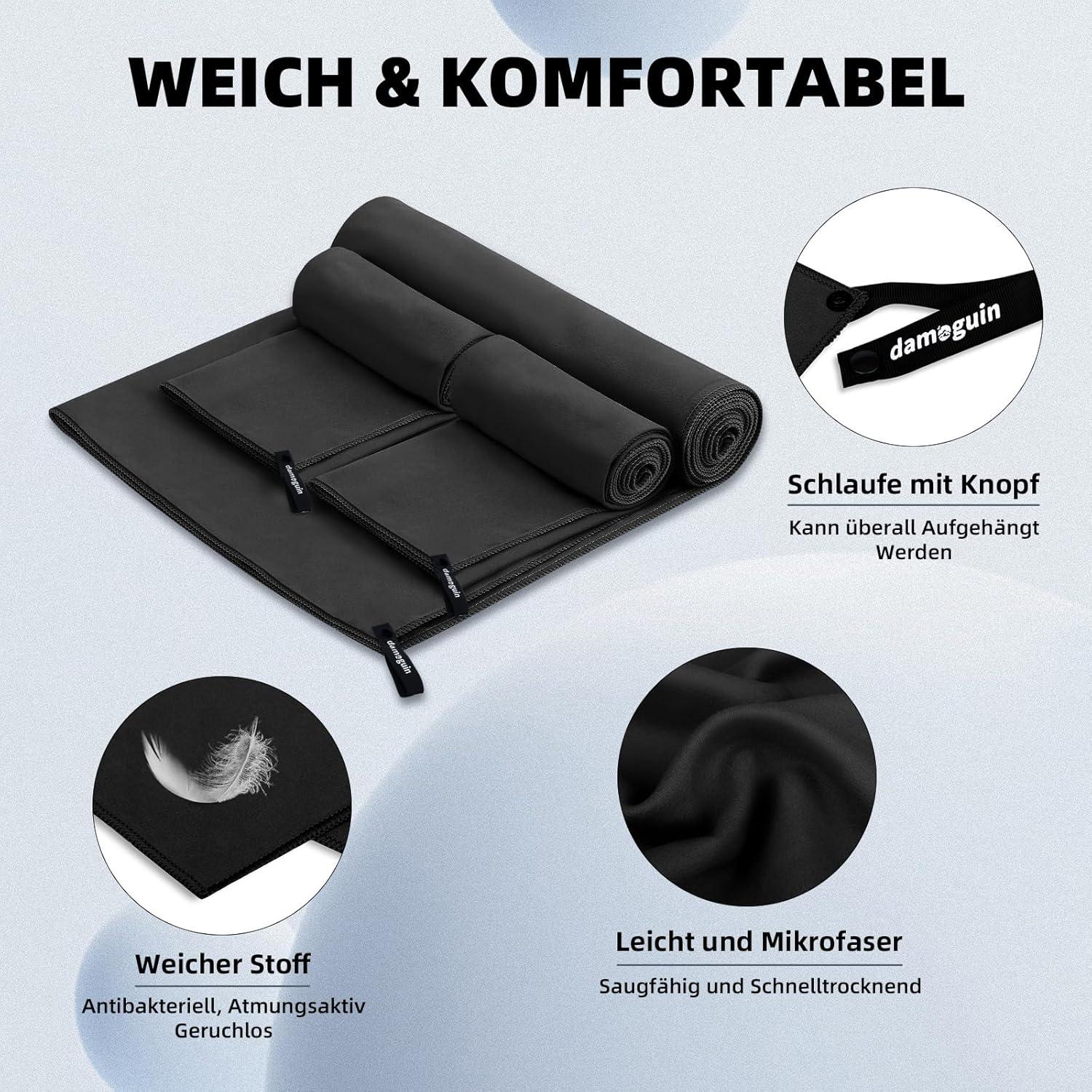 3er-Set Mikrofaser Fitness Handtuch Groß und Klein Schwarz