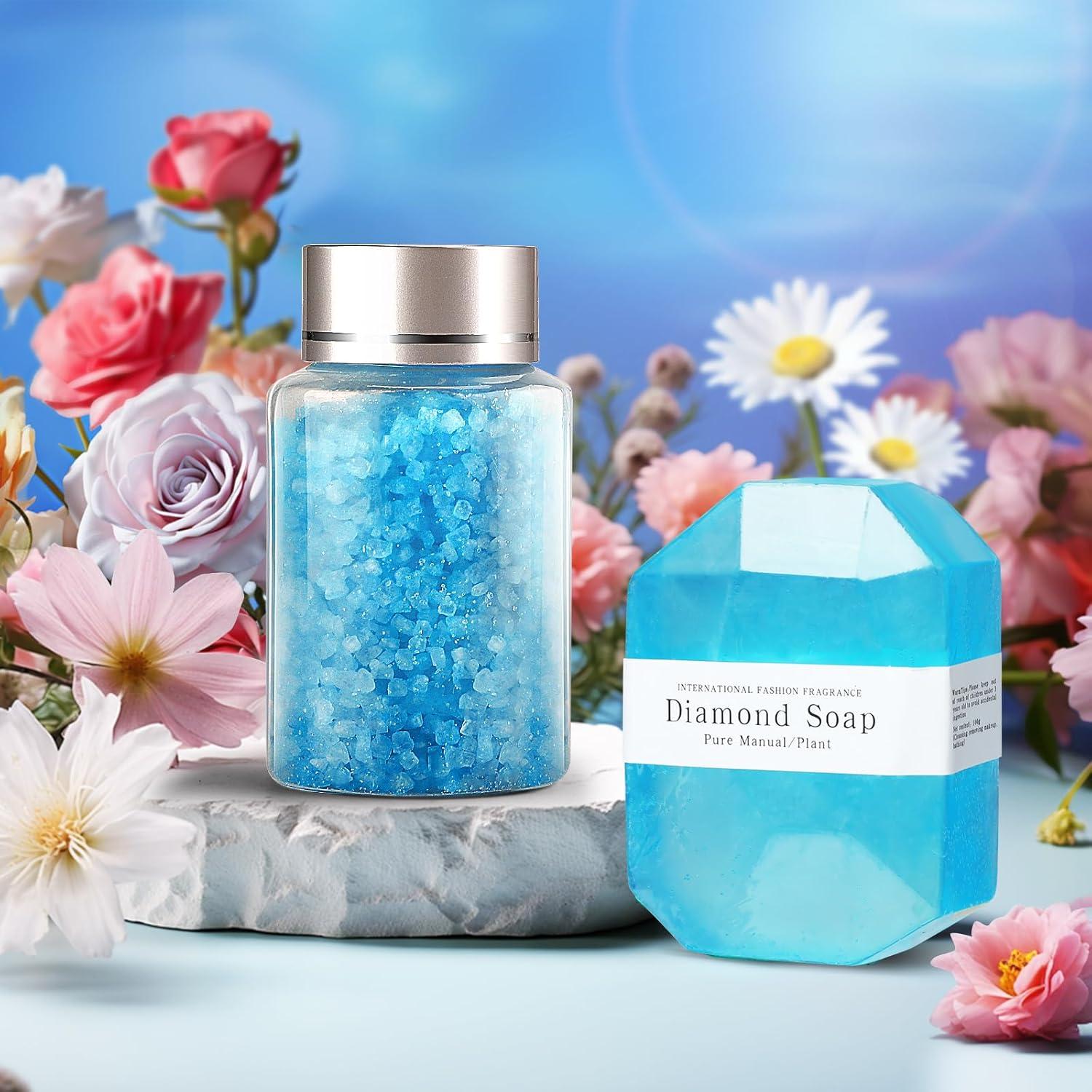 Geschenkset Frauen: Lavendelduftkerze Badebombe Seife Herzacryl Blau