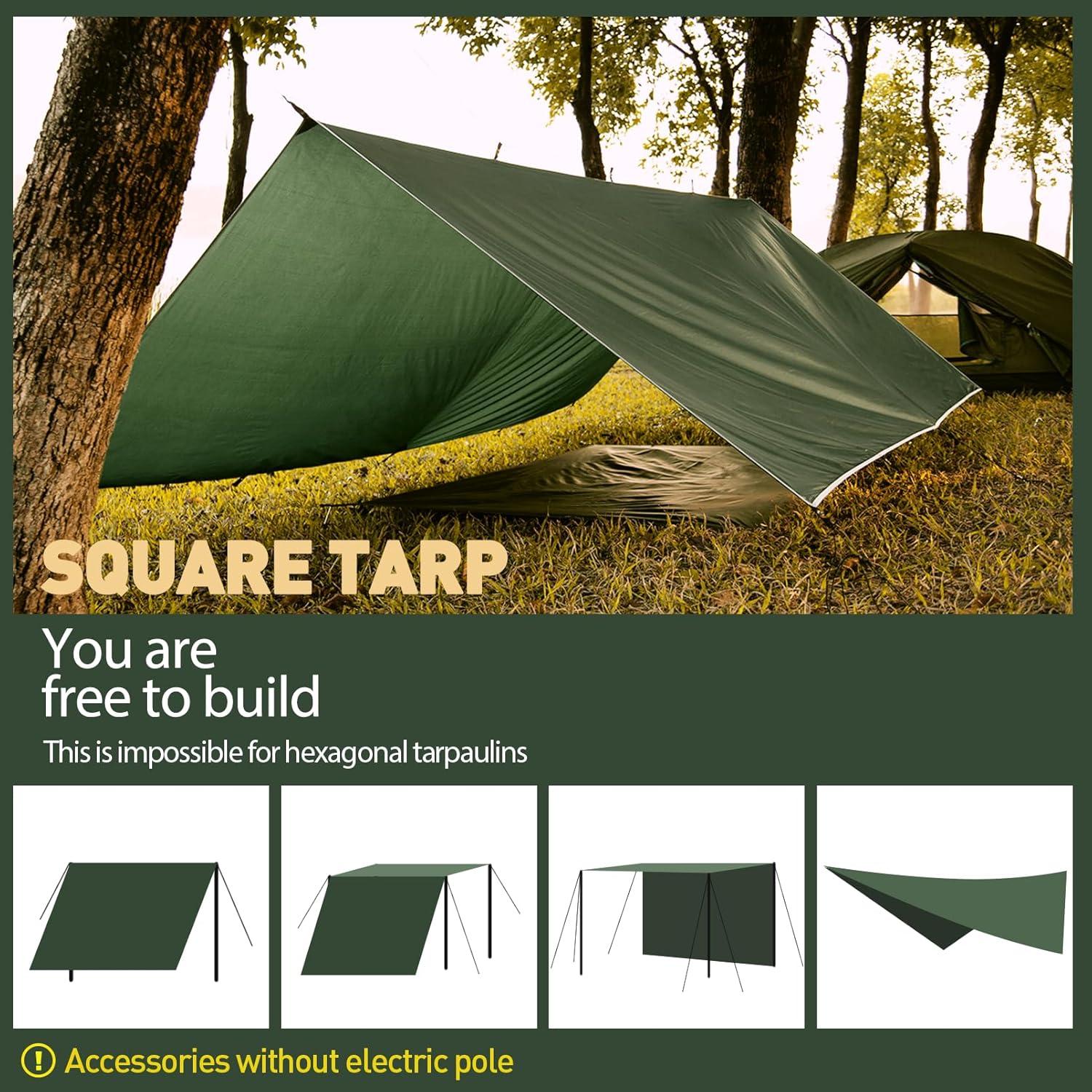 VOSOIR Tarp 3x3M Wasserdicht Camping Zeltplane UV Schutz Schnee Green