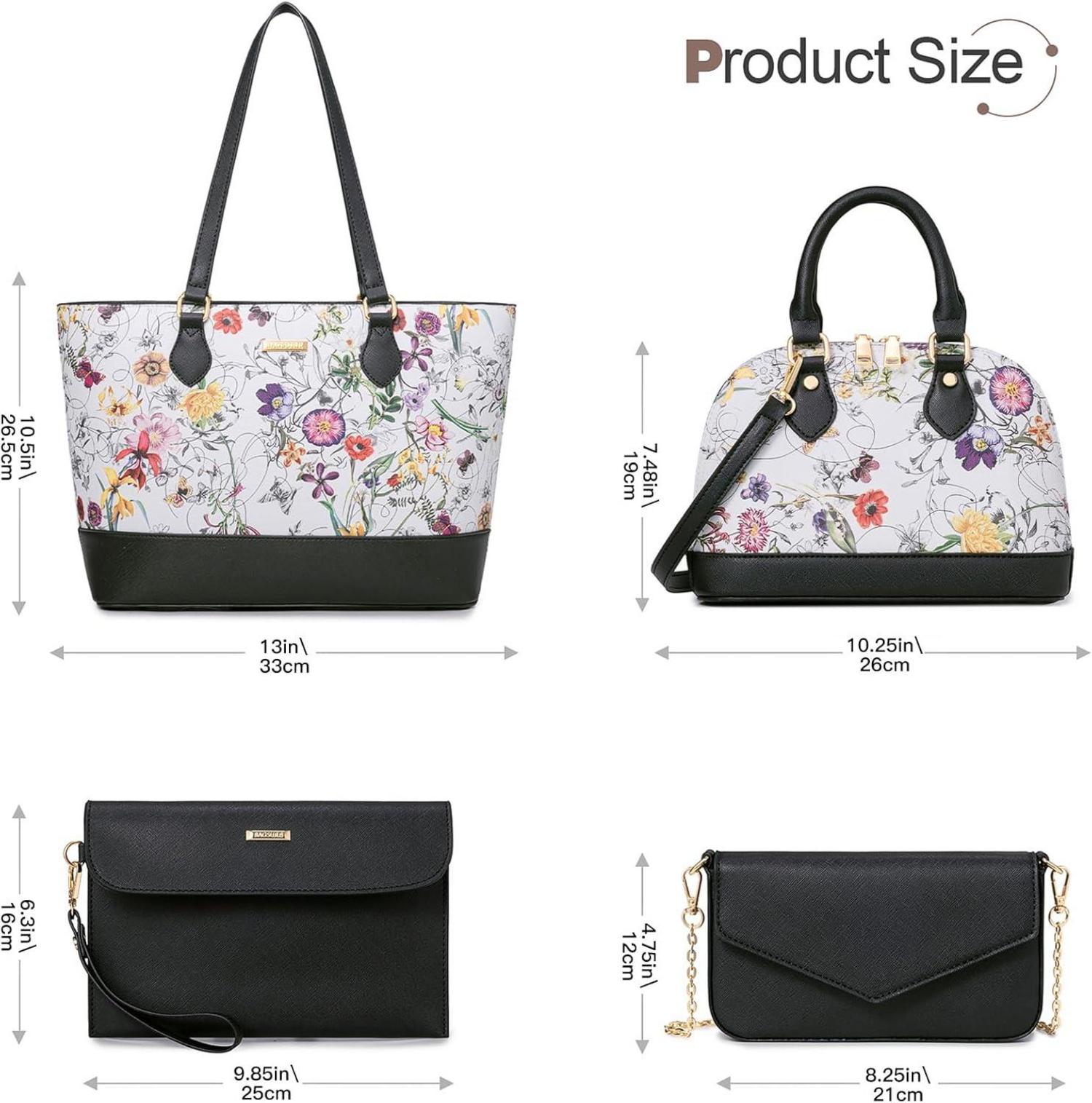 Bagsure Damen Handtasche Set Schultertasche Tragetasche 4-teilig Blumen