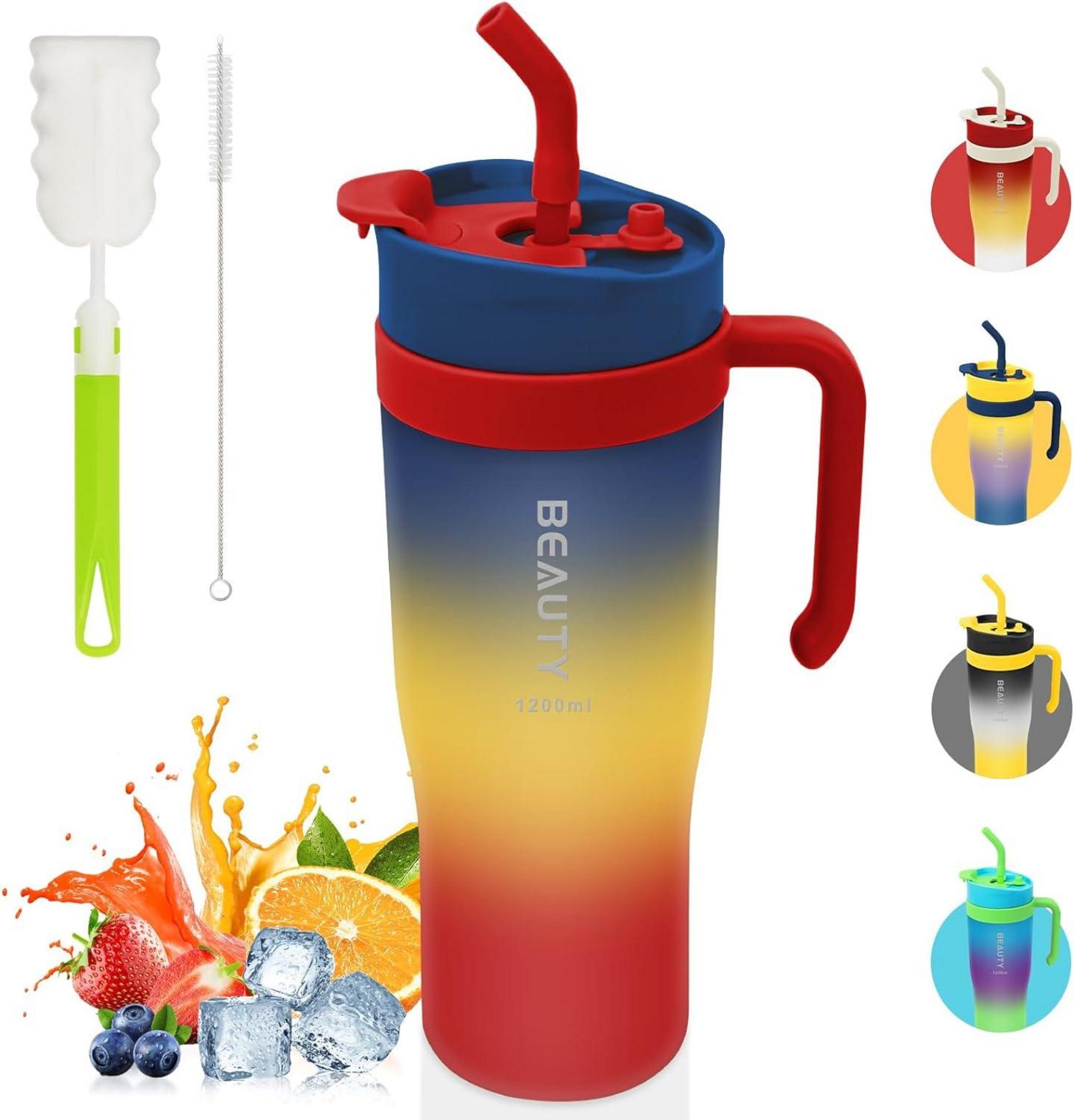 KETIEE Trinkflasche 1.2 Liter Sport Strohhalm Griff BPA-frei