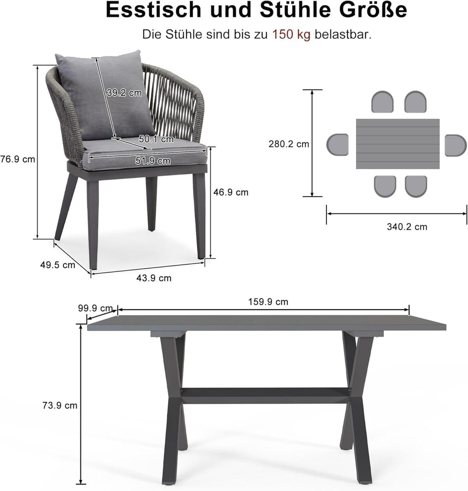 Gartenmöbel-Set 7-TLG PE Rattan Grau Außenmöbel mit Tisch und Stühlen