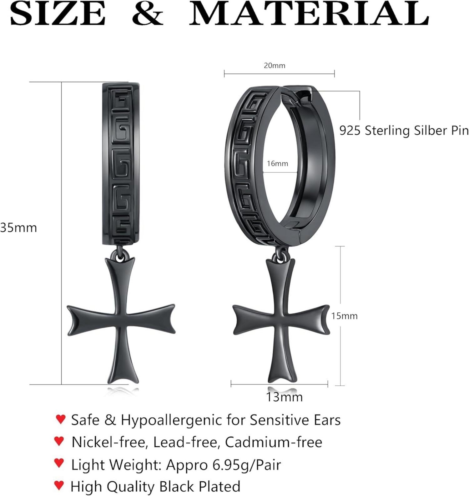 Ohrringe Kreuz Schwarz Hängend Damen Herren Geschenk