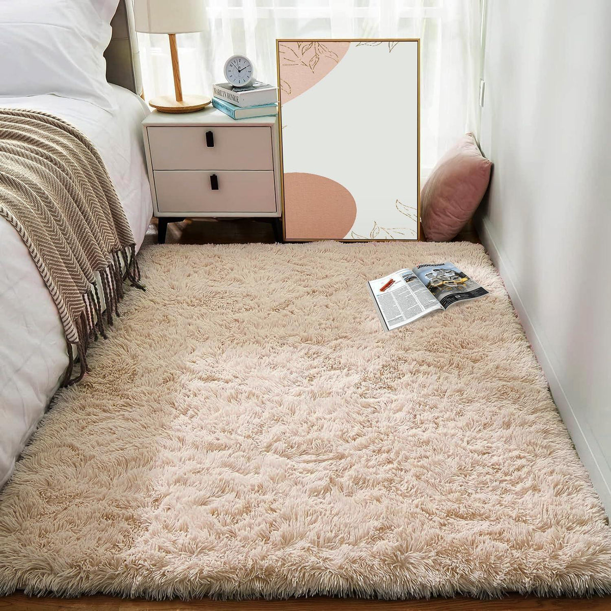 Hochflor Teppich Beige 240x340 - Flauschiger Wohnzimmerteppich
