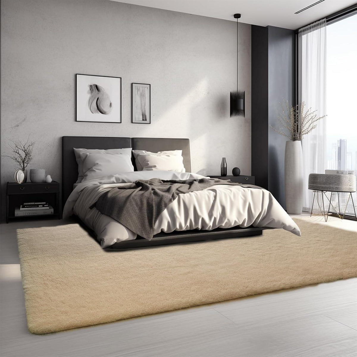 Hochflor Teppich Beige 240x340 - Flauschiger Wohnzimmerteppich