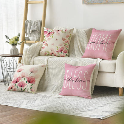 Kissenbezüge Klatschmohn 4er Set 45x45 cm Rosa/Beige