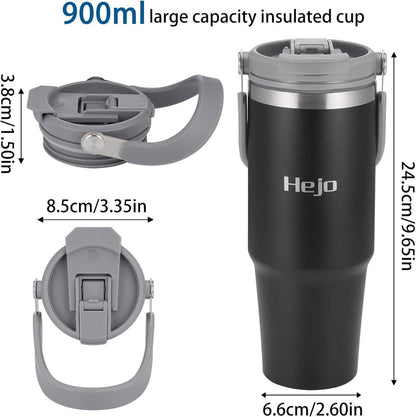 Thermobecher 900ml Strohhalm Deckel Auslaufsicher Edelstahl Schwarz