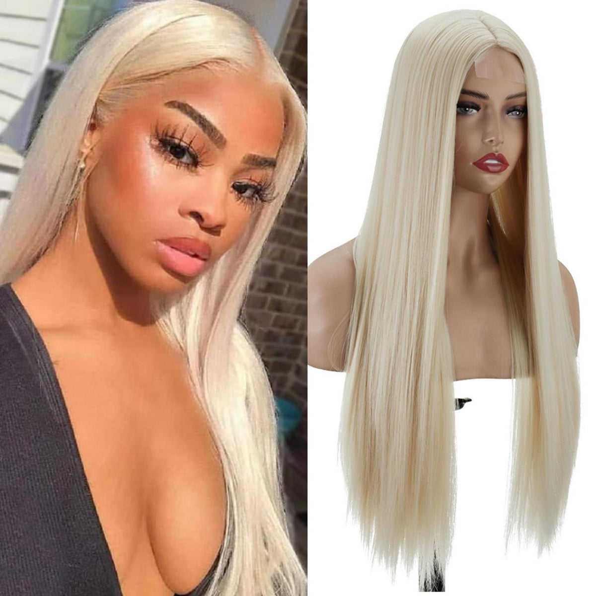 Langes, glattes Platinblond Perücke mit Spitze – Wear & Go