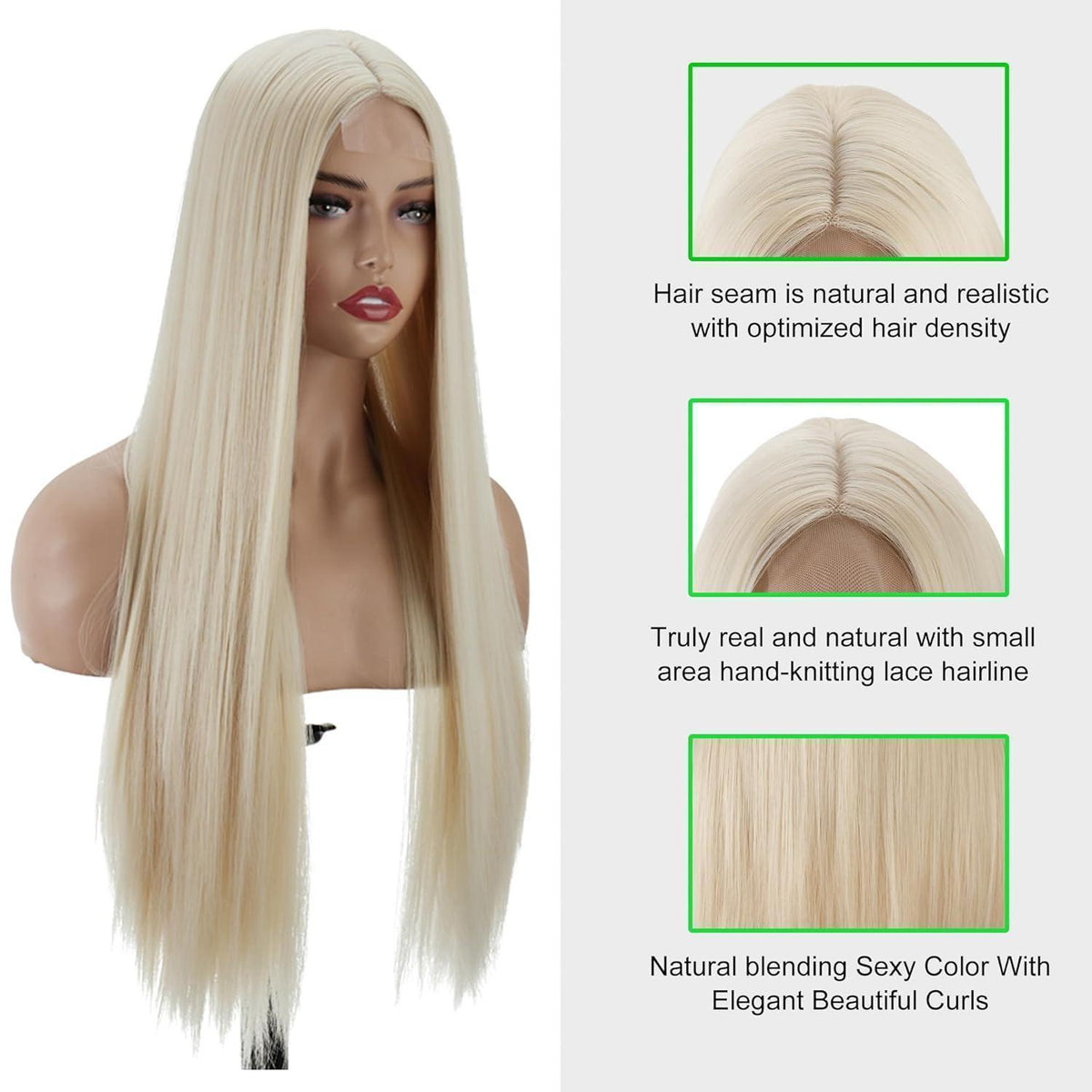 Langes, glattes Platinblond Perücke mit Spitze – Wear & Go
