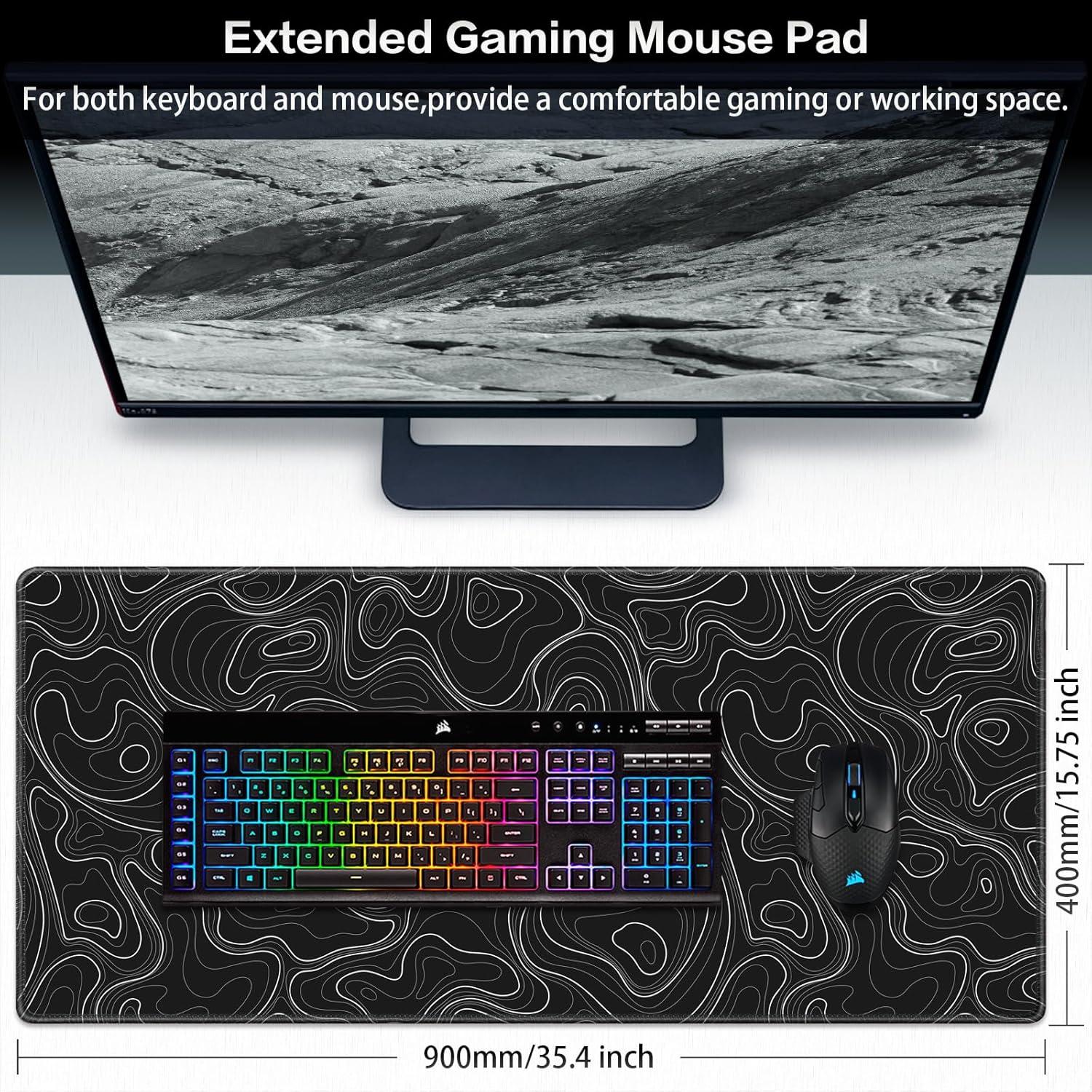 XXL Gaming Mauspad 900x400mm Schwarz Topographisch Vernähte Kanten
