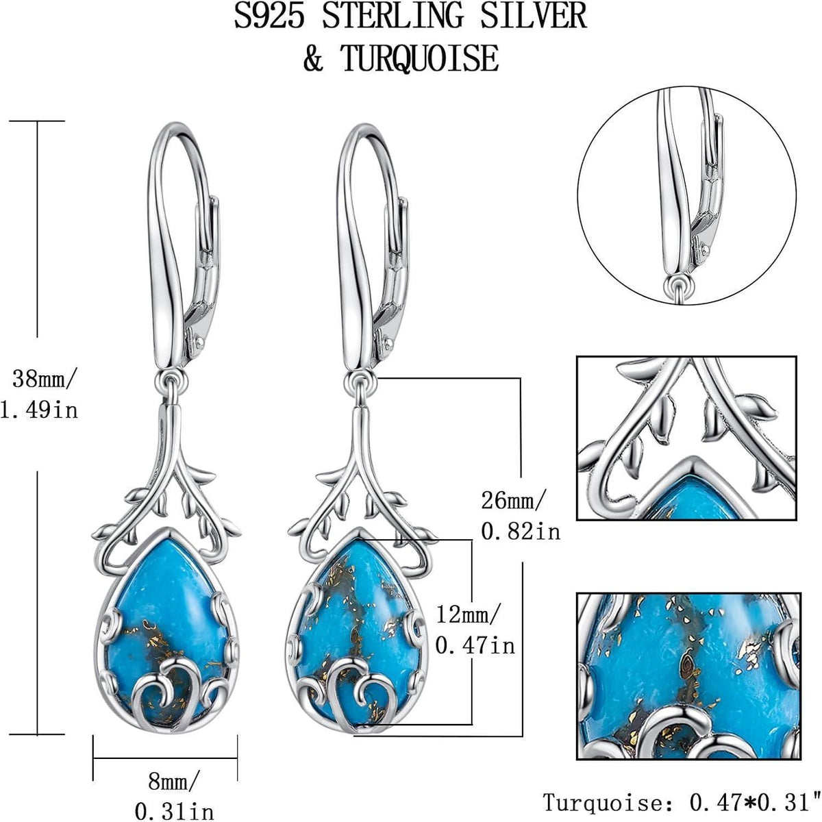 Hängende Silber Ohrringe mit Türkis - 925 Sterling Silber