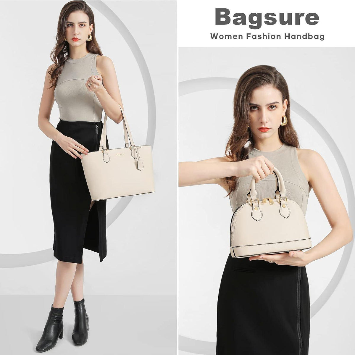 Handtaschen Set Damen 4-teilig Schultertasche Tragetasche Clutch Beige