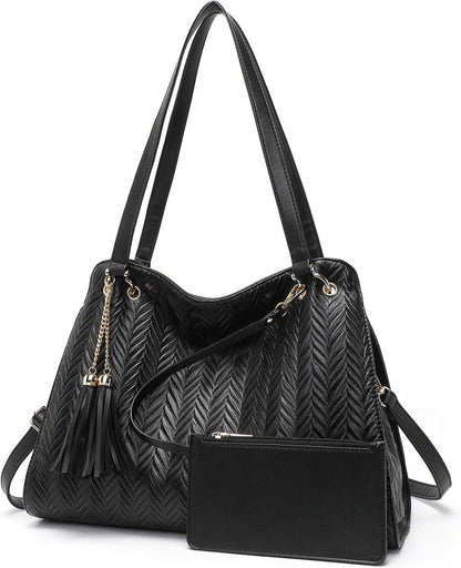 Damen Handtasche Leder Hobo Schultertasche mit Quasten