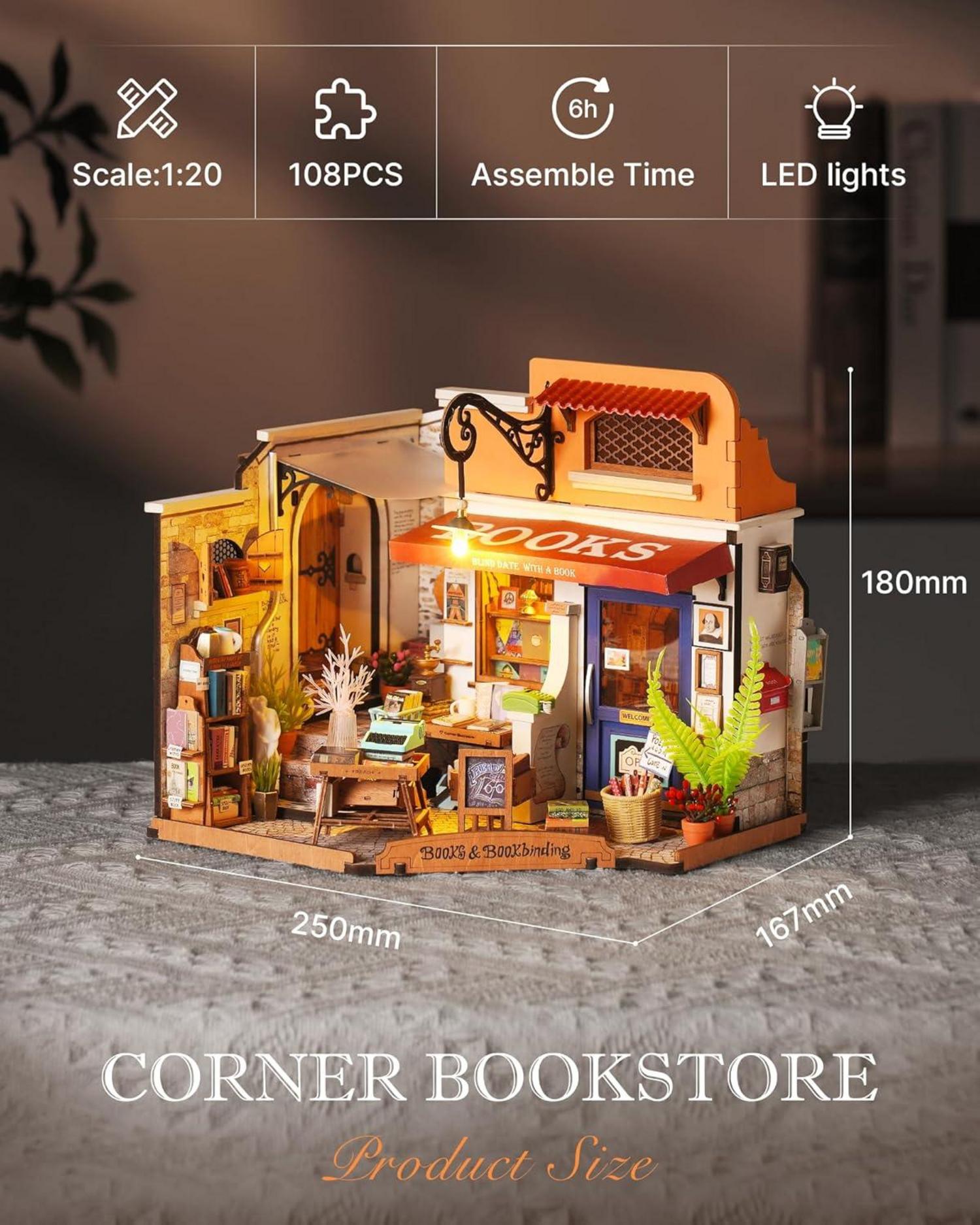 Rolife Puppenhaus Ecke Buchhandlung DIY Miniatur Bausatz