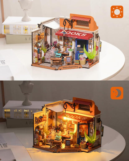 Rolife Ecke Buchhandlung Puppenhaus Holzmodellbausatz LED Beleuchtung