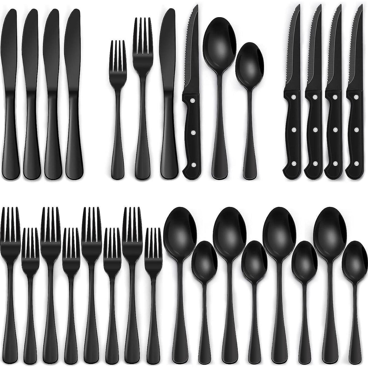 36-teiliges Besteckset für 6 Personen, Schwarz, Edelstahl, mit Steakmessern