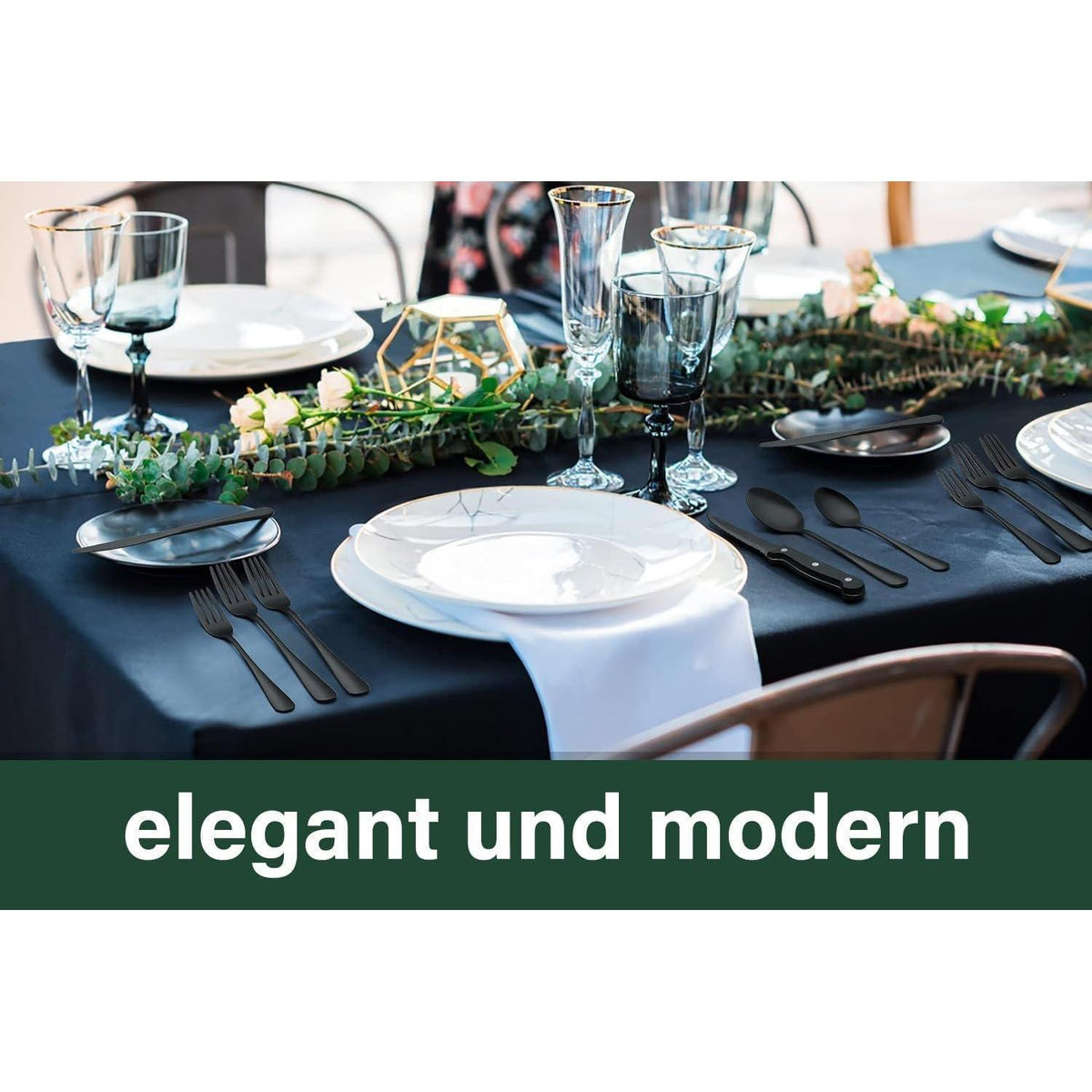 36-teiliges Besteckset für 6 Personen, Schwarz, Edelstahl, mit Steakmessern